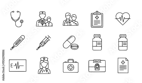Modern editable line health checkup icons for medical care, patient diagnosis, and clinic illustrations