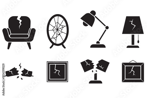 Broken Home Furniture and Cracked Interior Decor Vector Icon Set