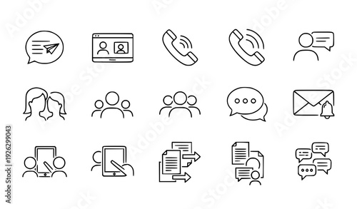 Modern editable line communication icons for messaging, collaboration, and information sharing