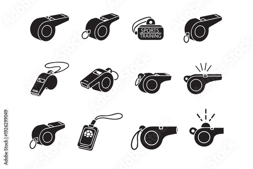 Referee Whistle Icon Set, Sports Coach Whistle Vector Illustrations, Training Equipment Symbols