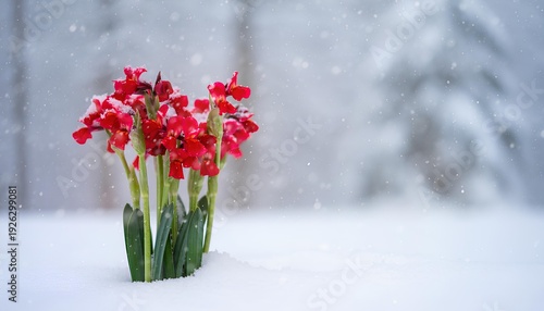 close up of red canna lily flowers standing in deep white snow during a winter snowfall with copy space