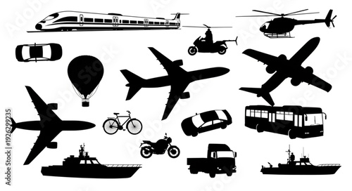 Collection of various transportation vehicles in black silhouette on white background.