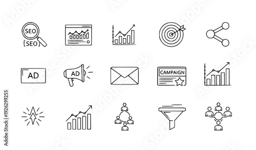 Modern editable line digital marketing icons for SEO, advertising, analytics, and management