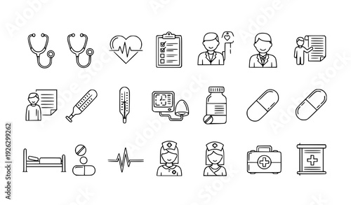 Editable health checkup line icon collection with medical care, patient, and diagnosis symbols