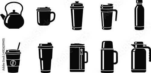 Black vector silhouette set of ten diverse reusable water bottles thermos flasks coffee tumblers and teapots for beverage branding travel hydration and eco-friendly advertising