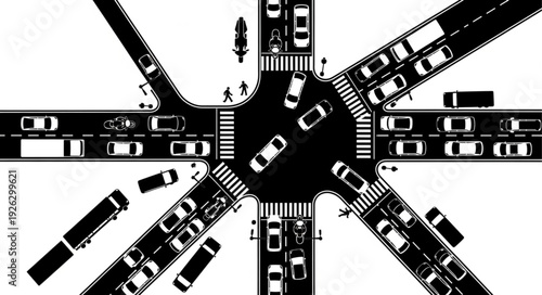 Busy intersection with cars and pedestrians crossing the roads in black and white.