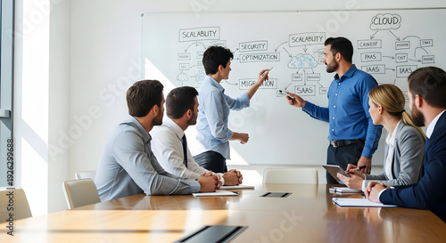 Business team discussing strategy on whiteboard in meeting room