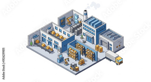 Isometric Factory Building with Workers Inside.