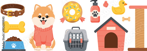 Cute pet care accessory set with puppy dog house carrier food bowl collar and grooming supplies for domestic animal welfare vector.