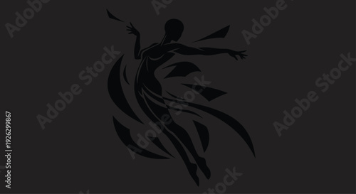 a silhouette of a human figure, with flowing lines and a sense of movement,” “abstract shapes,” “dark background