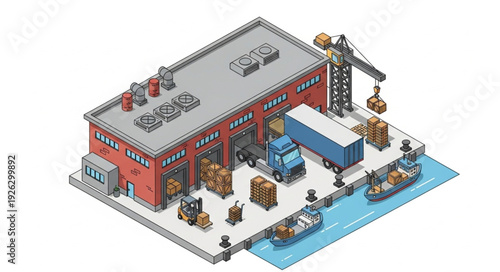 Isometric Factory Building with Workers.