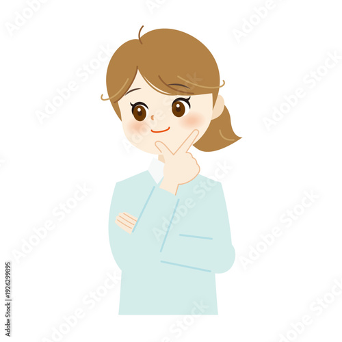 あごに手を当てて考える女性のイラスト　思案・悩み・検討07