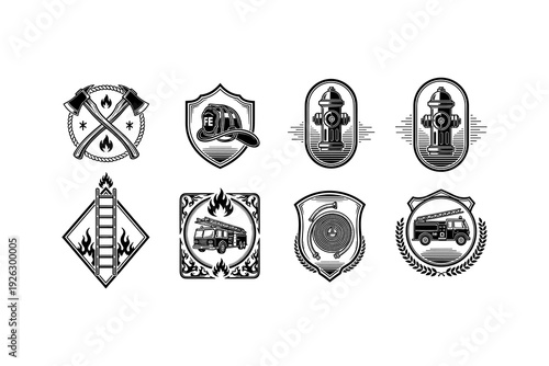 Firefighter emblems: classic black and white badge collection with fire icons