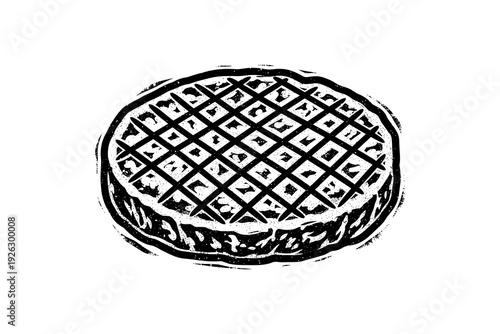 Detailed black and white engraving of a waffle with intricate texture