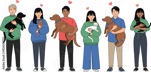 Diverse people characters hugging and holding their pet dogs and cats with love and care vector illustration isolated.