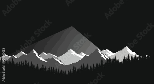 a silhouette of a landscape (e.g., mountains, forest), with a dramatic, dark shadow cast upon it,” “dark background