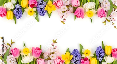 A vibrant border of spring flowers including tulips, daffodils, and hyacinths on a white background.