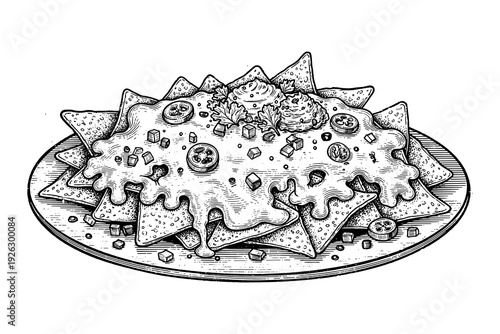 Delicious nachos with cheese and toppings in intricate hand drawn design