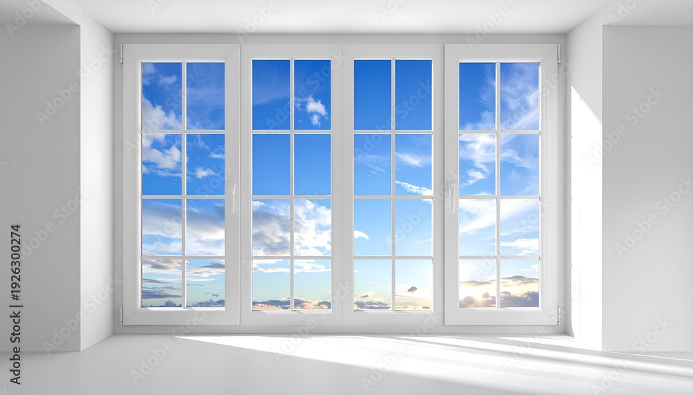 Fototapeta premium wide interior view of a large white window with four panes and sunny blue sky.