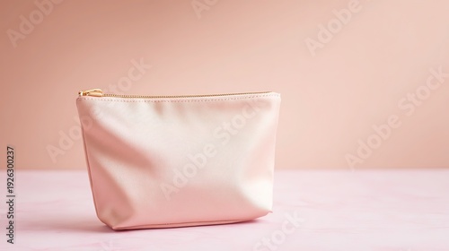 Pink cosmetic bag with elegant brushed gold zipper, subtle fabric texture visible, on soft blush marble surface, minimalist composition, even studio lighting, sharp product clarity, photoreal
