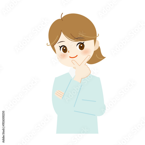 あごに手を当てて考える女性のイラスト　思案・悩み・検討10