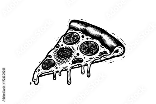 Hand drawn dripping pepperoni pizza slice in black and white