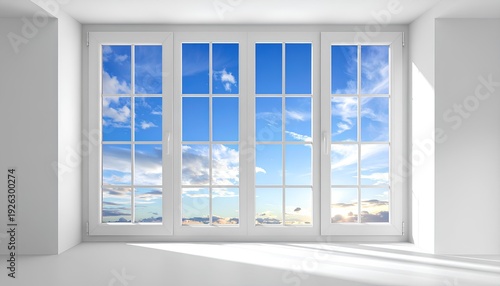 wide interior view of a large white window with four panes and sunny blue sky.