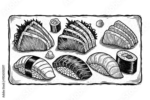 Hand drawn sushi assortment: nigiri and sashimi on vintage background