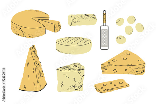 Cheese types with grainy grunge texture. Dairy products set. Hand drawn cheddar, swiss, parmesan, camembert,maasdam, brie, grater. Food vector cartoon illustration on isolated on white background