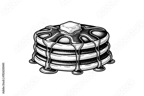 Vintage pancake stack with dripping syrup and butter in detailed ink drawing style