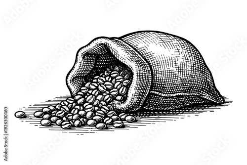 Hand drawn sack of coffee beans in vintage style on white background
