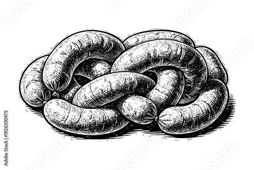 Vintage engraving of sausages with detailed hand-drawn texture in black and white