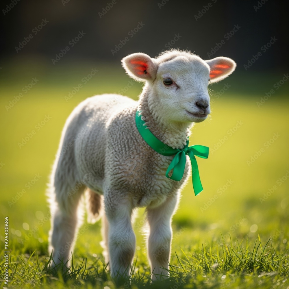 Fototapeta premium White Lamb Standing in Green Field Wearing a Green Ribbon Portrait