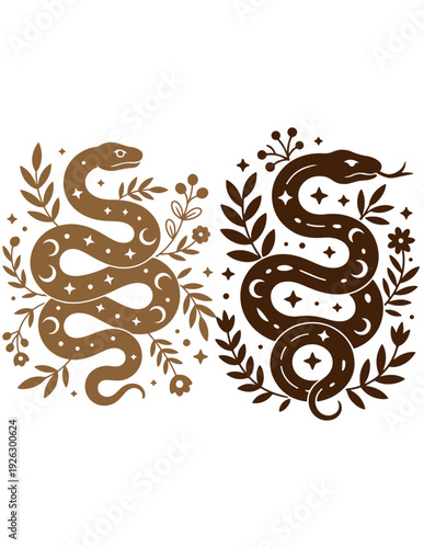 snakes with floral designs and stars in a pattern