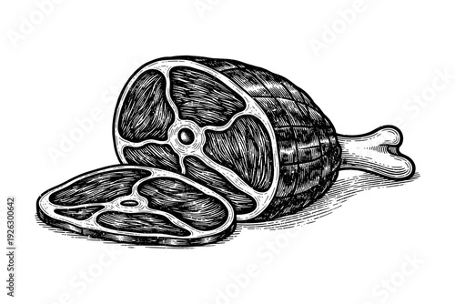 Vintage hand-drawn meat engraving of ham and slices