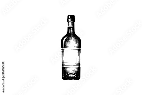 Vintage etching of wine bottle on white background with detailed textures