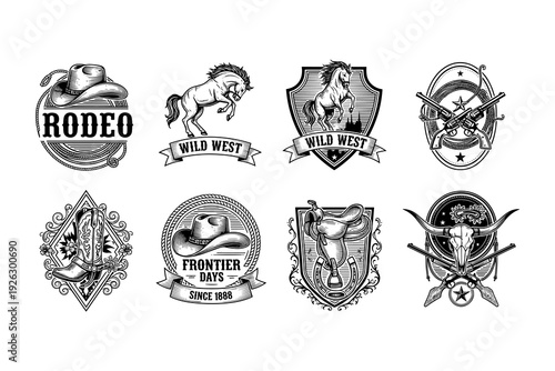 Vintage wild west emblems featuring rodeo, cowboy hats, horses, and guns