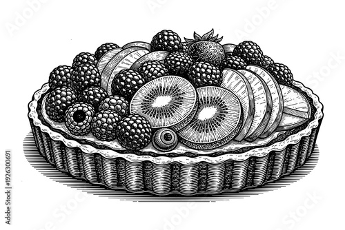 Hand-drawn fruit tart with kiwi and berries