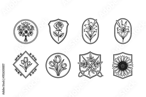 Elegant floral emblem designs featuring roses, tulips, lilies, and sunflowers