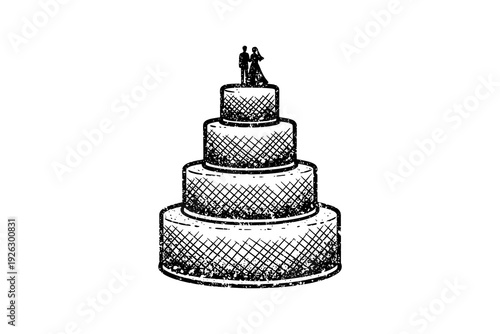Vintage wedding cake with bride and groom topper in retro engraving style