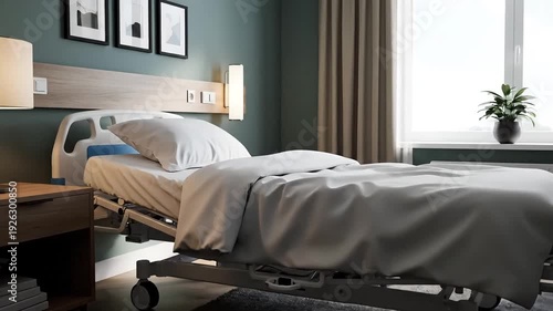 Modern hospital bed in a bright and clean healthcare room with medical equipment