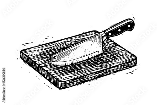 Vintage cleaver on rustic wooden cutting board in hand-drawn sketch style