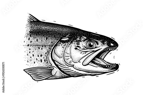 Detailed black and white salmon head in vintage engraving style
