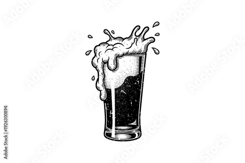 Classic black and white beer glass with frothy foam and splash effect