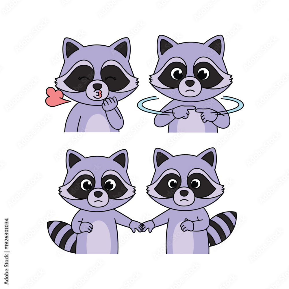 Fototapeta premium Cute cartoon raccoons showing love and friendship gestures with copy space