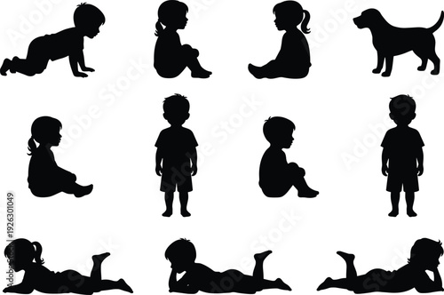 Children and baby silhouettes collection with toddler poses and dog profile isolated on white background for childhood and family concept