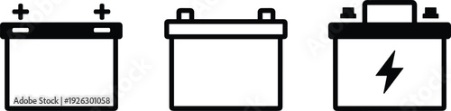 Car battery icon set with positive and negative terminals, minimalist black and white vector illustration for automotive power, energy storage, electricity concept