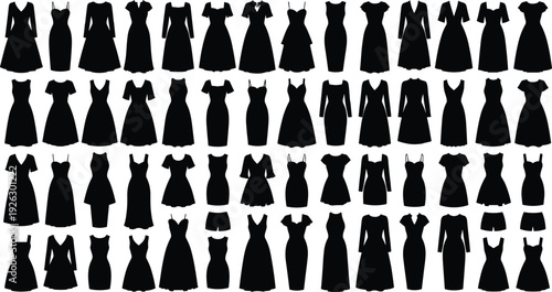 Collection of women dress silhouettes, elegant fashion gowns and casual outfits isolated on white background, female clothing vector illustration set