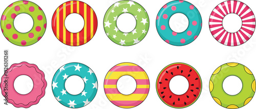 Colorful inflatable swim ring collection with watermelon stars stripes and polka dot patterns for summer pool party vector illustration isolated.