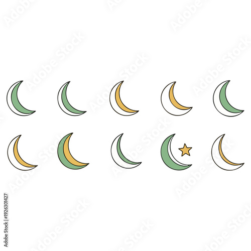 Stylized vector crescent moon icons displaying various lunar stages and a star motif, ideal for astronomy, night sky, spiritual, or holiday graphic design projects